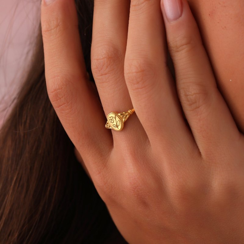 Personalized Birth Flower Signet Ring