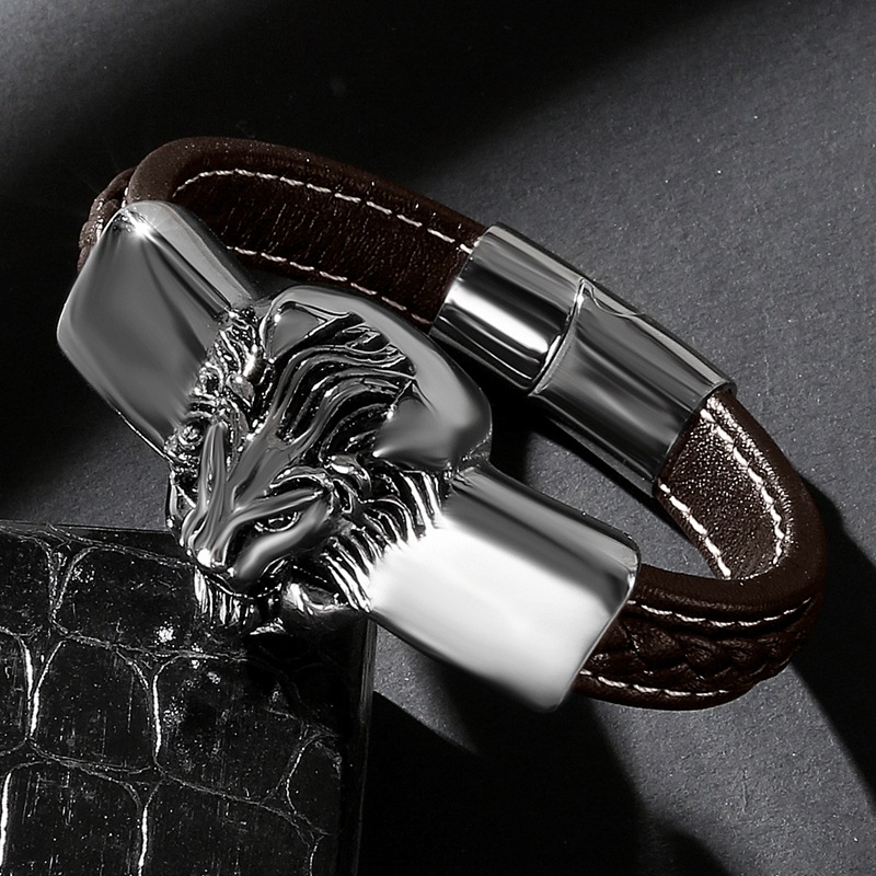 "King of Lion" Stainless Steel Brown Leather Bracelet