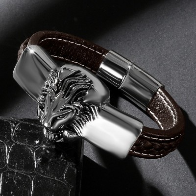 "King of Lion" Stainless Steel Brown Leather Bracelet