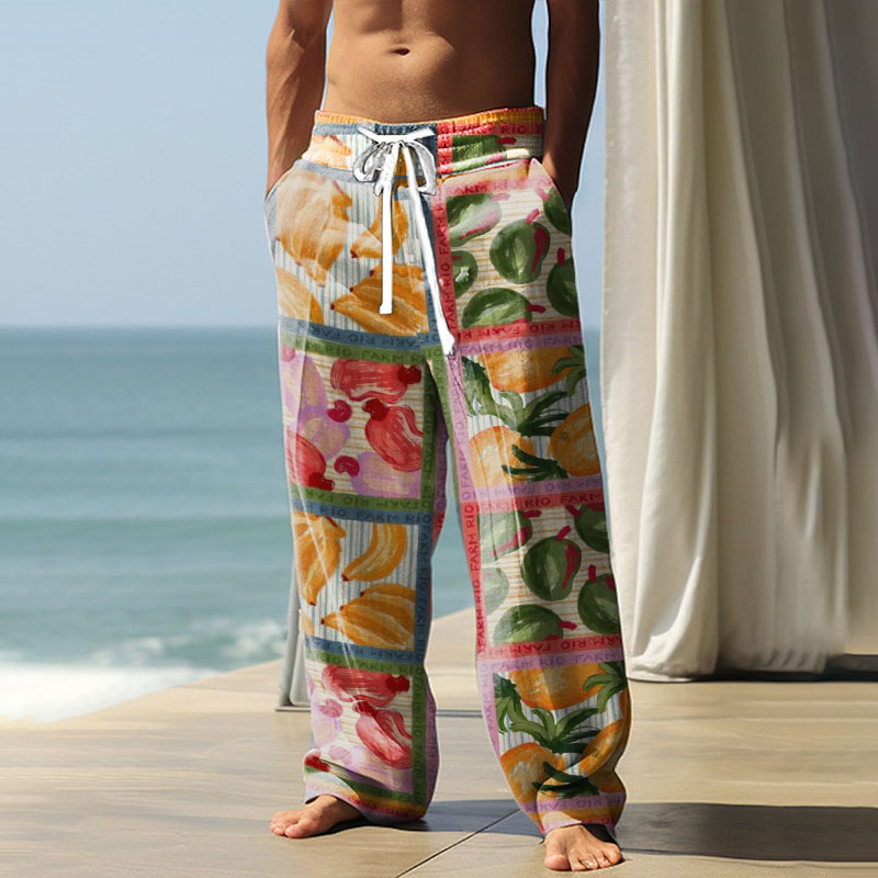 Animal And Floral Print Slub Linen Casual Pants