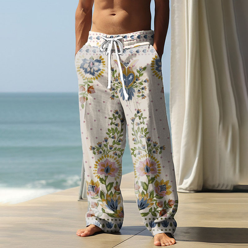 Vintage Floral Print Slub Linen Casual Pants