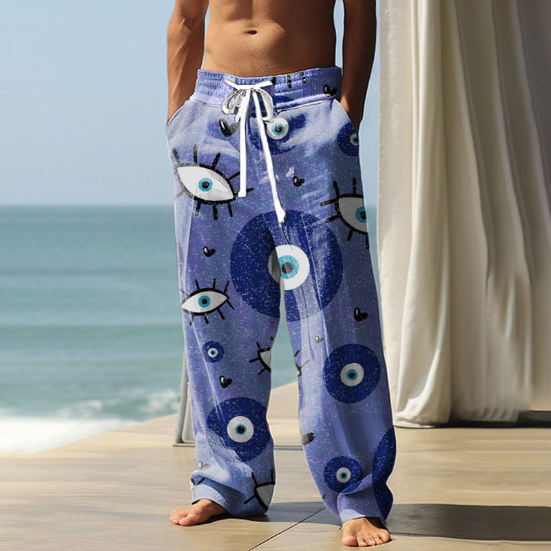 Octopus Print Slub Linen Casual Pants