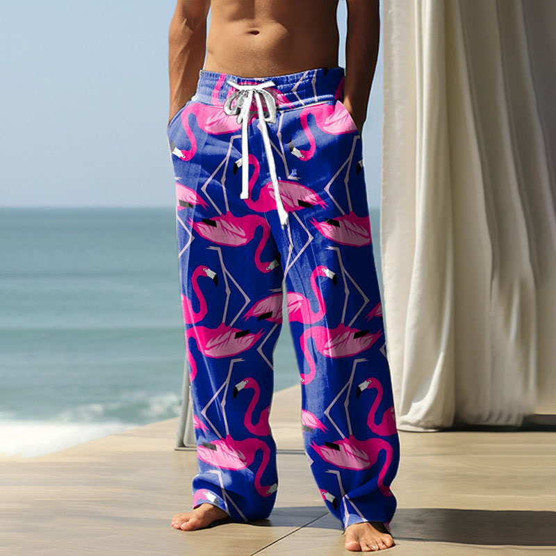 Contrast Flamingo Bamboo Linen Resort Casual Pants