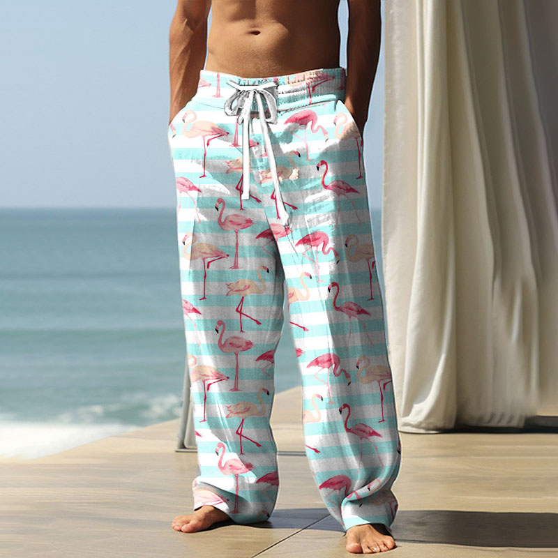 Contrast Flamingo Bamboo Linen Resort Casual Pants