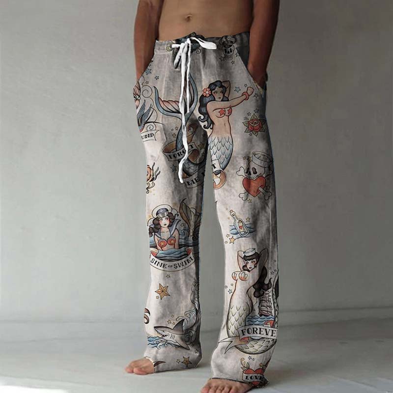 Cat Mermaid Print Linen Casual Pants