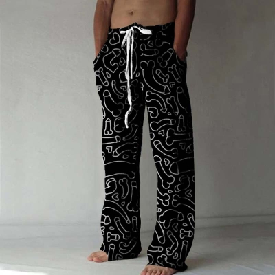 Colorful Cocks Print Linen Casual Pants