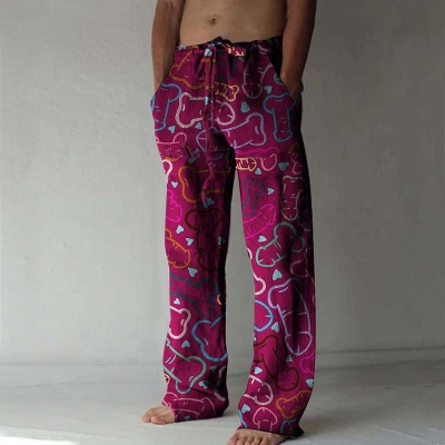 Colorful Cocks Print Linen Casual Pants