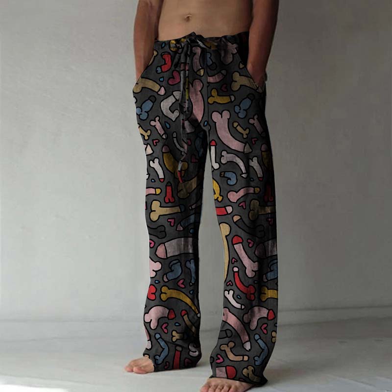 Colorful Cocks Print Linen Casual Pants