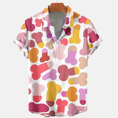 Funny Colorful Penis Print Casual Short Sleeve Shirt