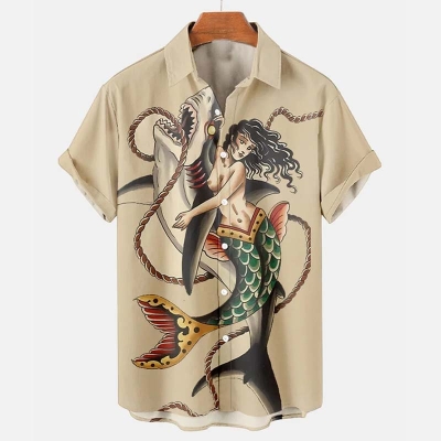 Tattoo Retro Shark And Mermaid Printed Short Sleeve Shirt