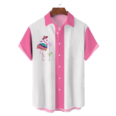 Flamingo Drinking Cocktail Print Hawaiian Shirt