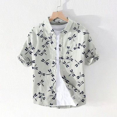 Dragonfly Pattern Cotton And Linen Shirt