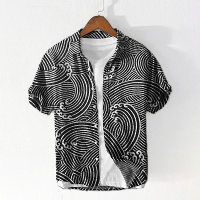 Wave Pattern Cotton And Linen Shirt