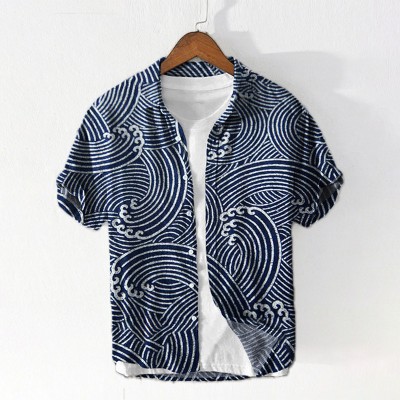 Wave Pattern Cotton And Linen Shirt