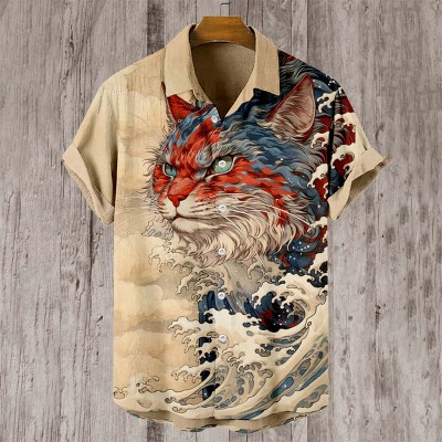 Ukiyoe Cat Print Linen Shirt