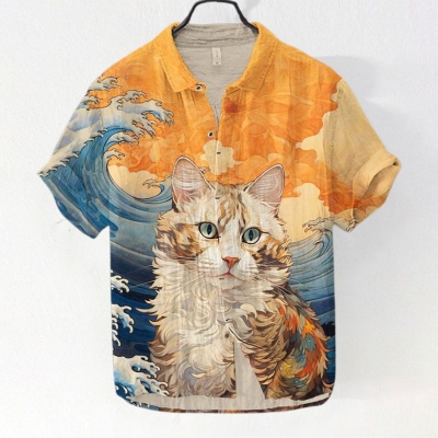 Ukiyoe Cat Print Linen Shirt