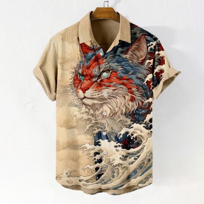 Ukiyoe Cat Print Linen Shirt