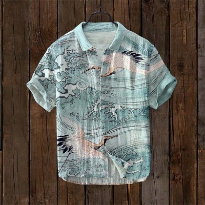 Ukiyoe Wave Print Linen Shirt