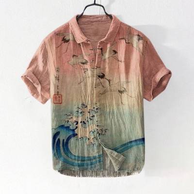 Ukiyoe Wave Print Linen Shirt