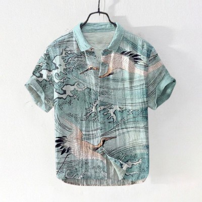 Ukiyoe Wave Print Linen Shirt