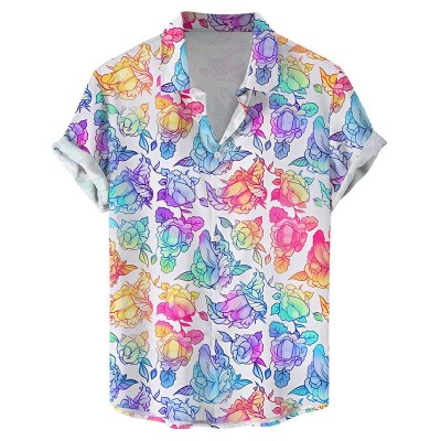 Colorful Blooming Cocks Print Hawaiian Short Sleeve Shirt