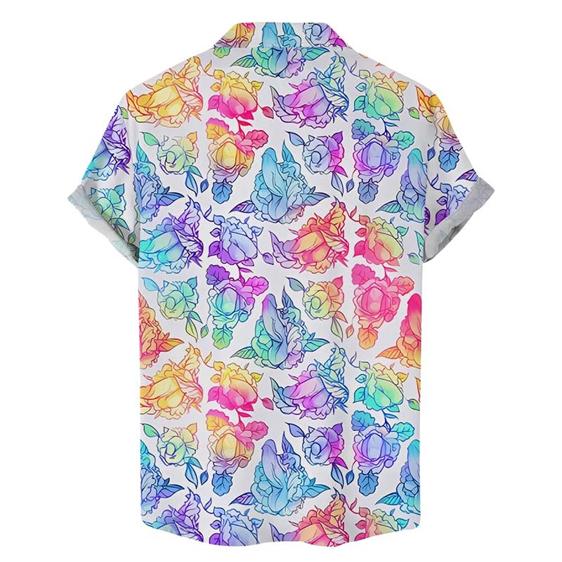 Colorful Blooming Cocks Print Hawaiian Short Sleeve Shirt