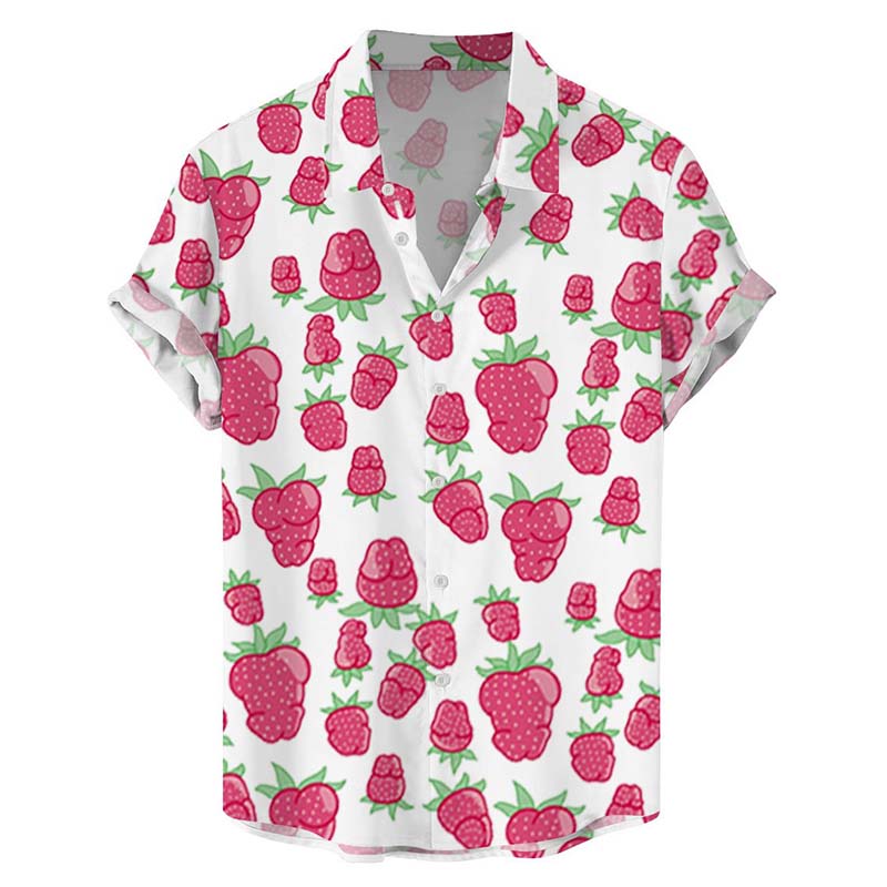 Fun Strawberry Cocks Print Casual Hawaiian Short Sleeve Shirt