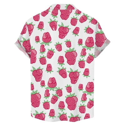 Fun Strawberry Cocks Print Casual Hawaiian Short Sleeve Shirt