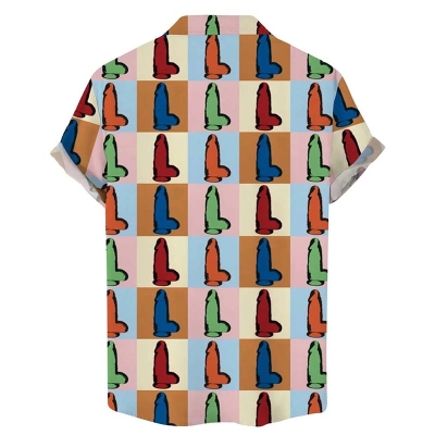 Vintage Color Block Cocks Print Casual Short Sleeve Shirt