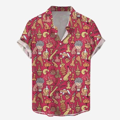 Fun Cocks Birthday Party Print Casual Short Sleeve Shirt