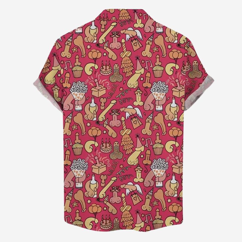 Fun Cocks Birthday Party Print Casual Short Sleeve Shirt