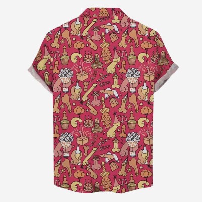 Fun Cocks Birthday Party Print Casual Short Sleeve Shirt