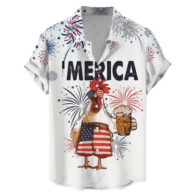 Fun Independence Day Drinking Chicken Print Hawaiian Short Sleeve Shirt