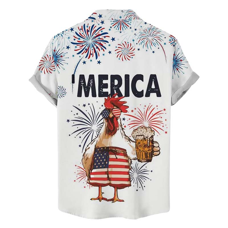 Fun Independence Day Drinking Chicken Print Hawaiian Short Sleeve Shirt