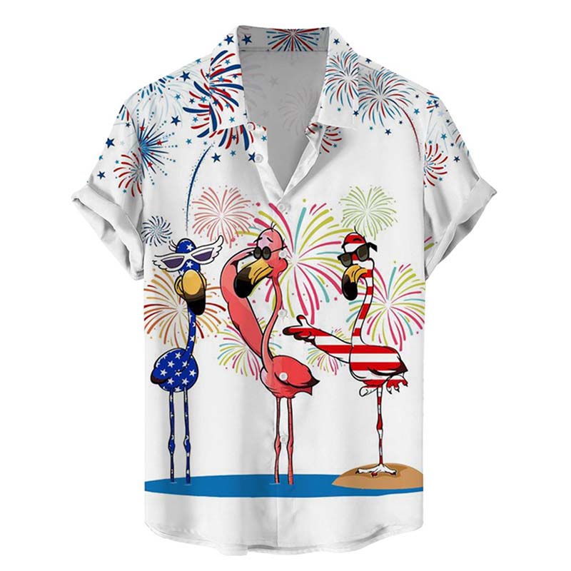 Fun Independence Day Flamingo Print Hawaiian Short Sleeve Shirt