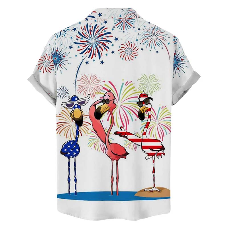 Fun Independence Day Flamingo Print Hawaiian Short Sleeve Shirt