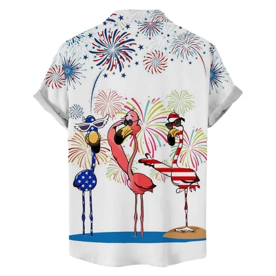 Fun Independence Day Flamingo Print Hawaiian Short Sleeve Shirt