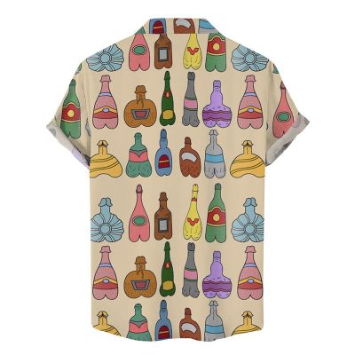 Fun Cocks Wine Print Casual Short Sleeve Shirt