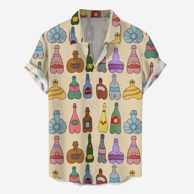 Fun Cocks Wine Print Casual Short Sleeve Shirt