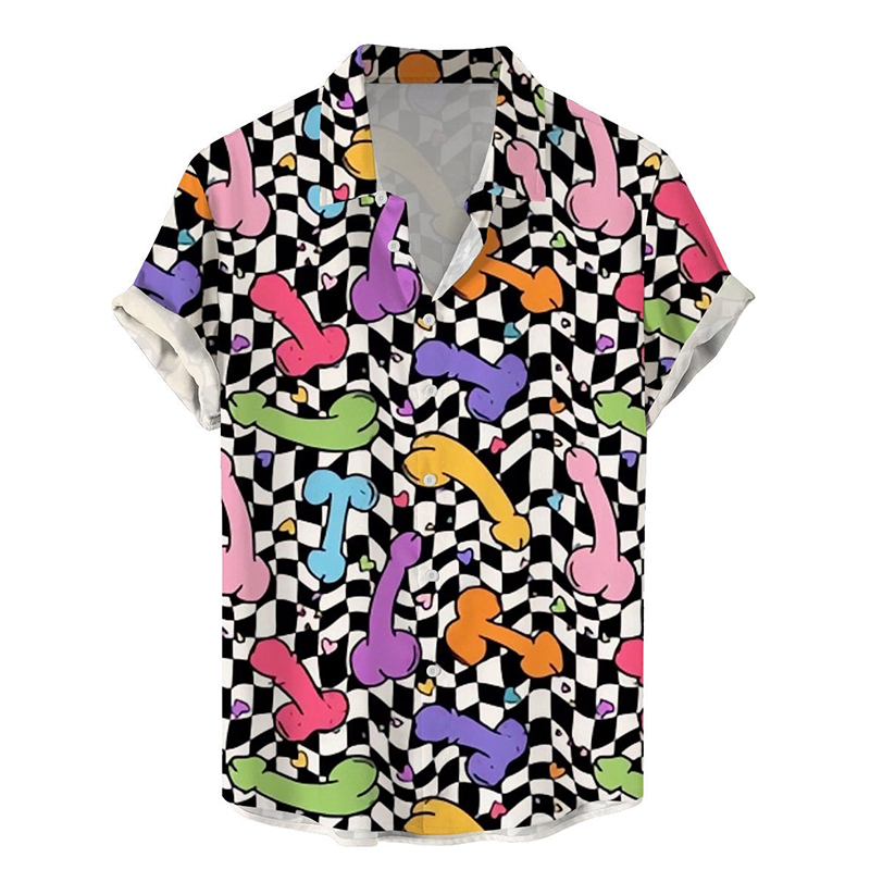 Mosaic Rainbow Cock Print Casual Short-Sleeved Shirt