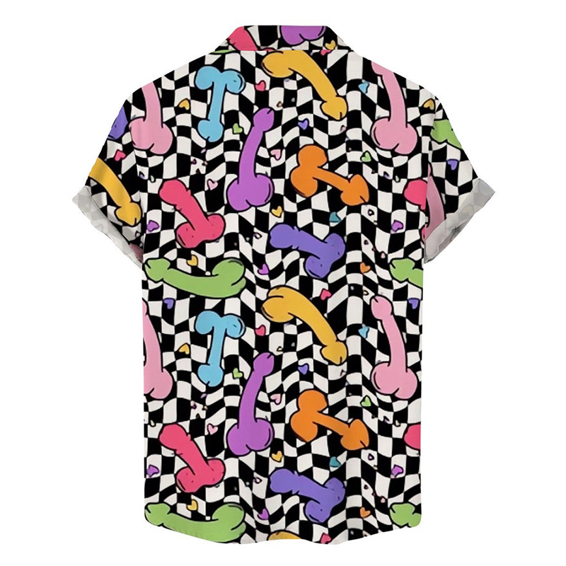 Mosaic Rainbow Cock Print Casual Short-Sleeved Shirt