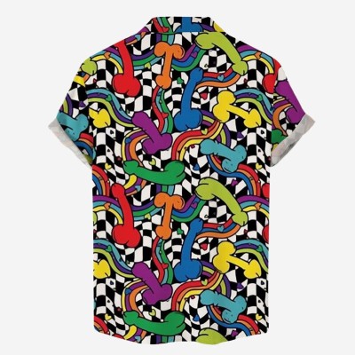 Iridescent Cock Print Casual Short Sleeve Shirt