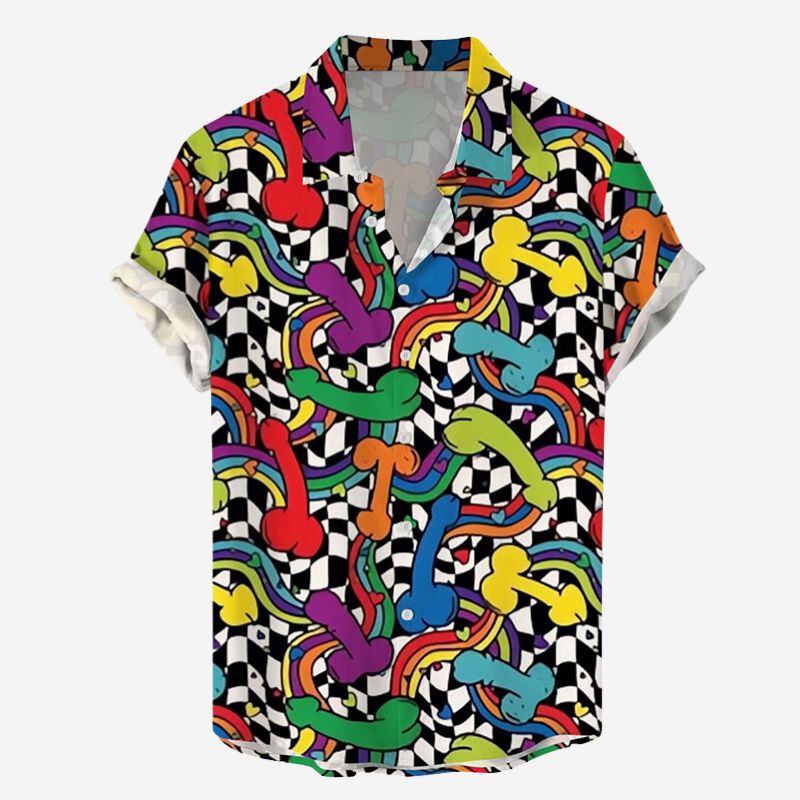 Iridescent Cock Print Casual Short Sleeve Shirt