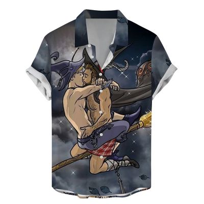 Soar Into The Air Kissing Wizard Print Casual Short-Sleeved Shirt