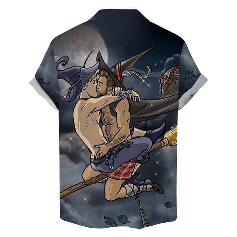 Soar Into The Air Kissing Wizard Print Casual Short-Sleeved Shirt