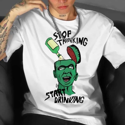 Stop Thinking Start Drinking Oktoberfest Printed T-Shirt