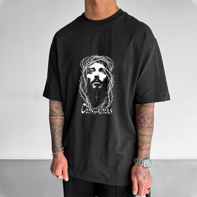 Jesus of Thorns Print Cotton T-Shirt