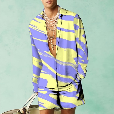 Fashionable Color Block Hawaiian Shirt and Shorts Set