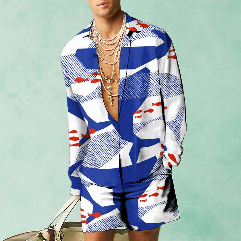 Contrast Color Geometric Fish Resort Shirt Set