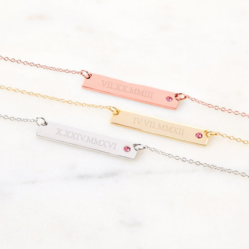 Roman Numeral Birthstone Bar Necklace